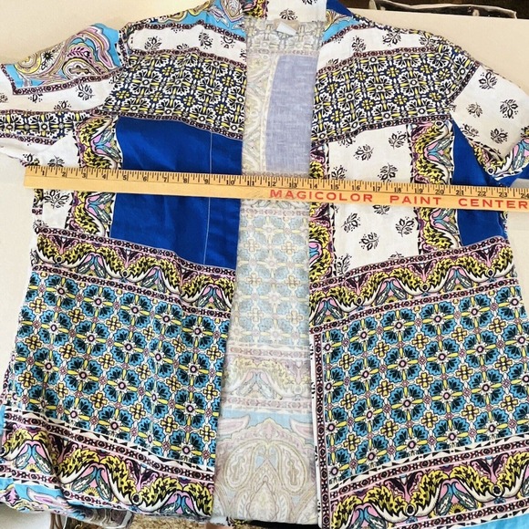 Womens Chico's 12/14 Patchwork Linen Duster Jacket Open Front 3/4 Sleeves - Picture 7 of 8